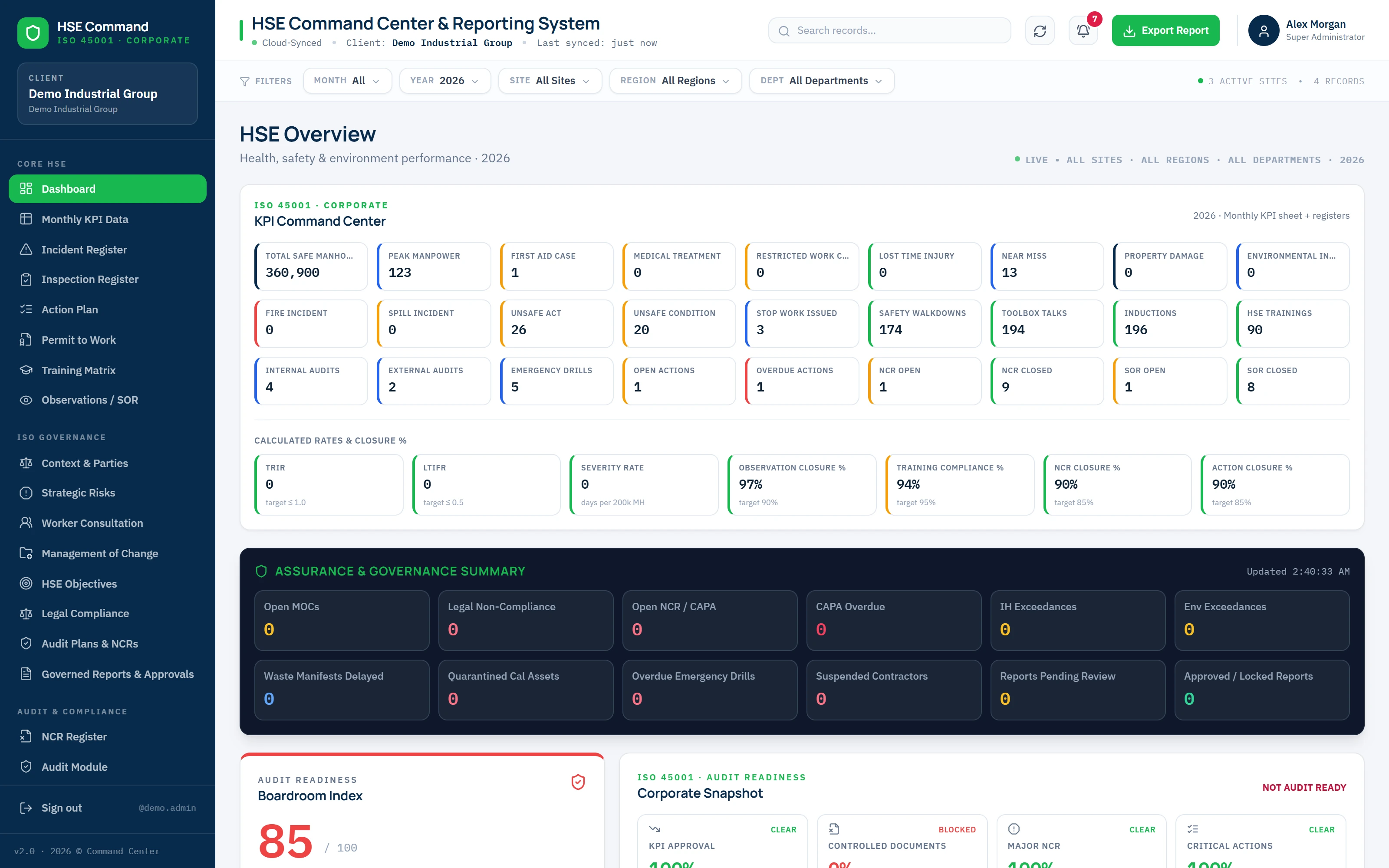 The real HSE Command Center dashboard for a demo company: KPI Command Center, calculated rates and the assurance and governance summary.